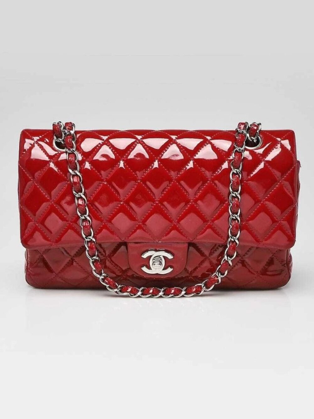 Chanel Red Quilted Patent Leather Classic Medium Double Flap Bag